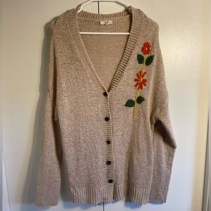 easel Beige Cardigan Sweater with Orange Floral Embroidery